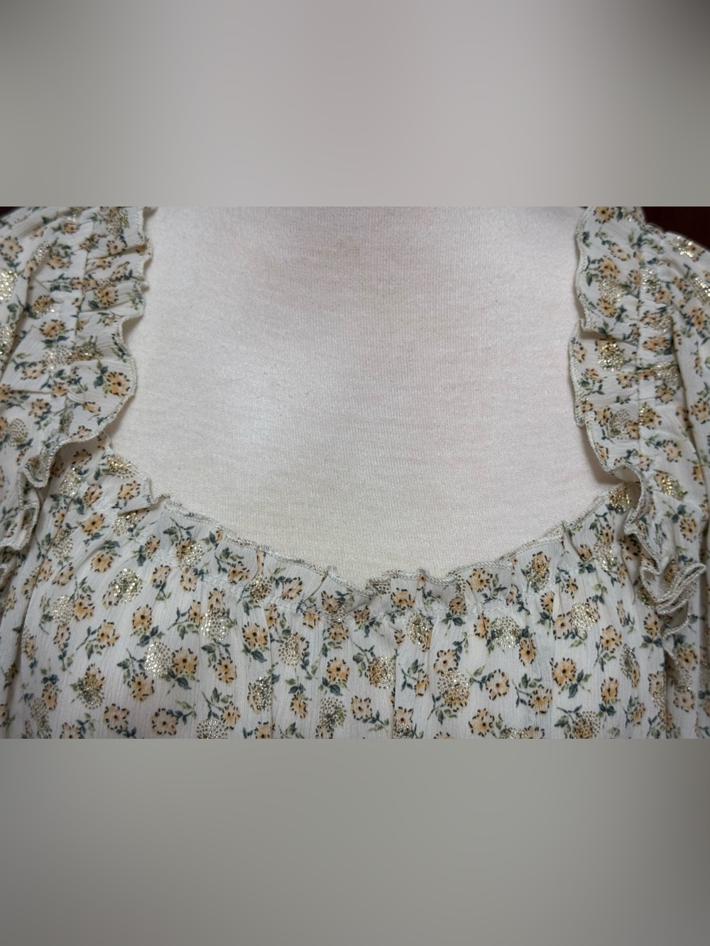 GiGiO Peasant Blouse Floral Square Neck Ruffle Small Metallic Lurex Boho Top S-L - Picture 3 of 7